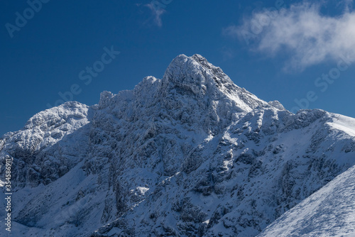 View of the peak of Swinica from Kasprowy Wierch in the Polish Tatras in winter. Popular hiking trail, sheep grazing, viewpoint
