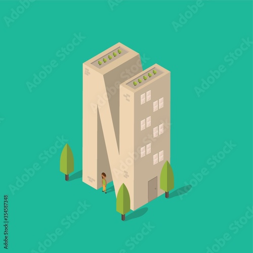 Isometric building with alphabet N