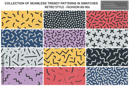 Collection of colorful repeatable trendy patterns. Retro style - fashion 80-90s. Textile mosaic textures - endless backgrounds. You can find seamless design in swatches panel