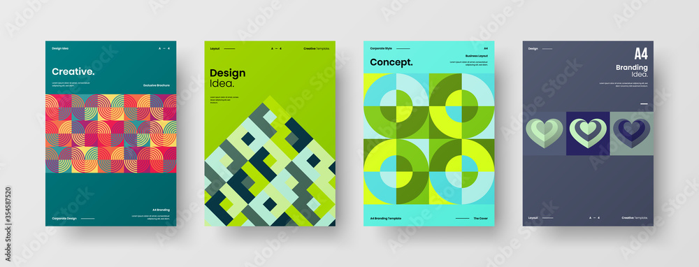 Company identity brochure template collection. Business presentation vector A4 vertical orientation front page mock up set. Corporate report cover abstract geometric illustration design layout bundle.