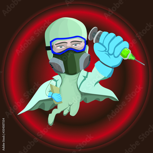 Vector illustration of an infectious disease doctor in a protective suit as a super hero flies to the rescue with a vaccine in a syringe. Abstraction with a doctor against a red blood cell.