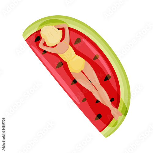 Woman Character Floating on Rubber Inflatable Raft of Watermelon Shape in Swimming Pool Vector Illustration