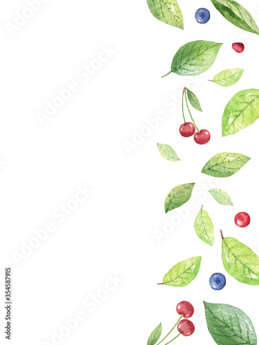 Watercolor vector design of green leaves, cherry and blueberry berries.