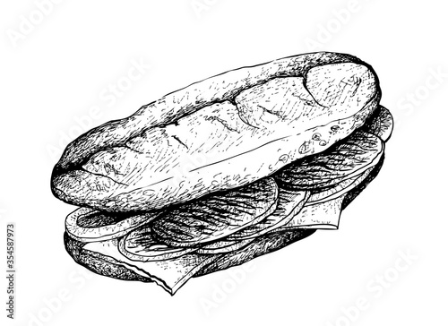 Illustration Hand Drawn Sketch of Delicious Homemade Freshly Philly Cheesesteak Sandwich Made of Thinly Sliced Beef and Melted Cheese Isolated on White Background.
 photo