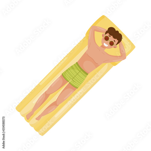 Man Character Wearing Sunglasses Floating on Rubber Inflatable Raft in Swimming Pool Vector Illustration
