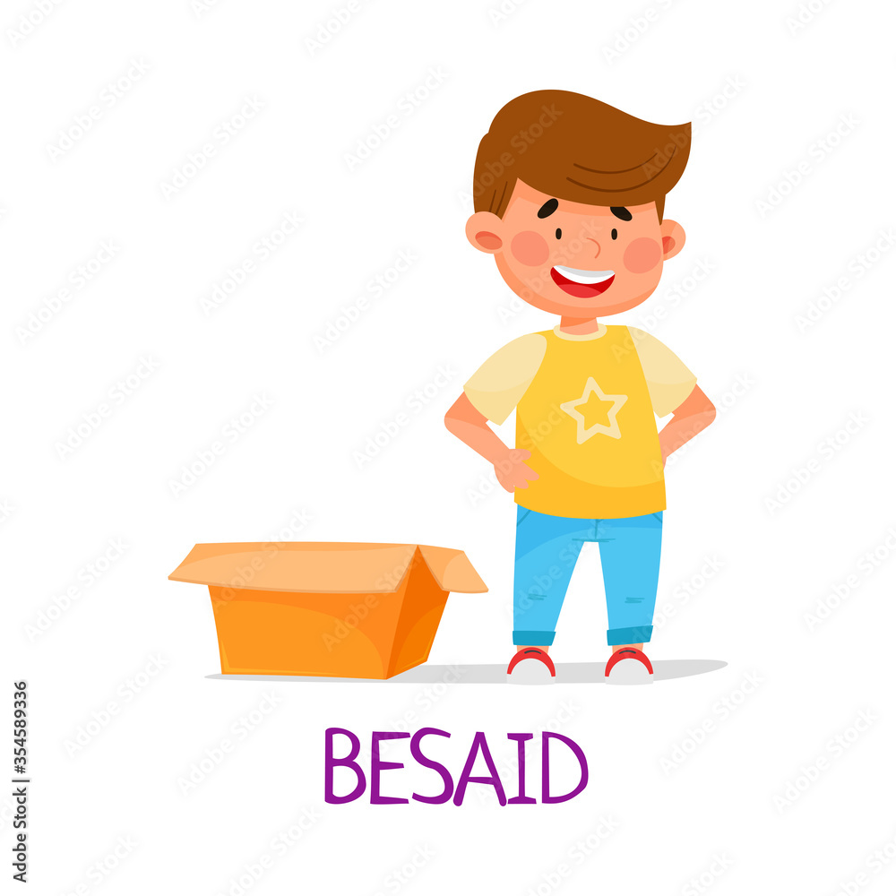 Cheerful Boy Standing Beside Carton Box as Preposition of Place Vector Illustration Cheerful Boy Standing Beside Carton Box as Preposition of Place Vector Illustration