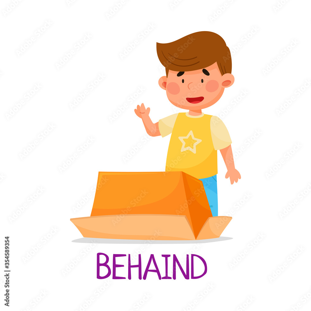 Cheerful Boy Standing Behind Carton Box as Preposition of Place Vector Illustration Cheerful Boy Standing Behind Carton Box as Preposition of Place Vector Illustration