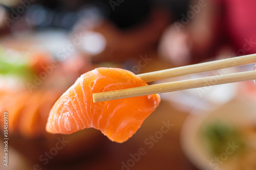 Closeup of fresh raw salmon, sushi, sashimi.