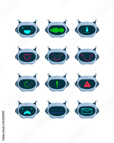 Bot faces set. Cute cartoon characters, robots heads with screens, happy smiling chatbots. Vector illustrations for humanoid avatar, futuristic computer robotics concept