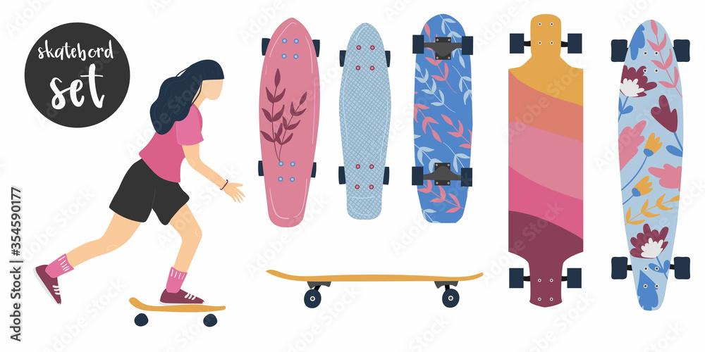 Set of skateboard and longboard icons in flat style isolated on white  background. young woman on skate board. bright boards with flowers. Extreme  sport. Vector illustration. vector de Stock | Adobe Stock