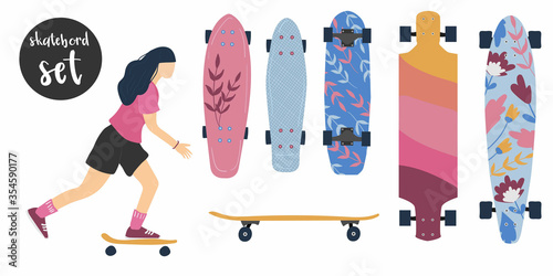 Set of skateboard and longboard icons in flat style isolated on white background. young woman on skate board. bright boards with flowers. Extreme sport. Vector illustration.