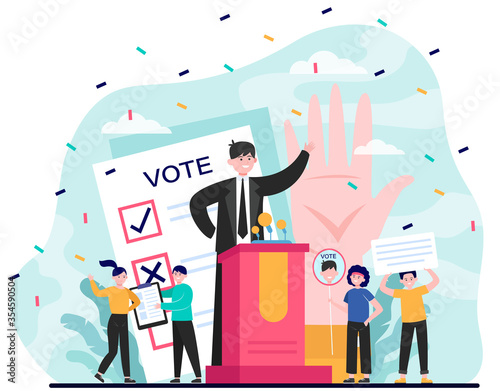 Election and political campaign. Politician speaker, candidate, voting citizens, ballot paper. Flat vector illustration for democracy, society, referendum concepts