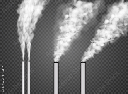 Chimneys with white smoke, industrial factory pipes collection. Urban power plant flues with steams isolated on transparent background. Air pollution concept. Vector illustration.