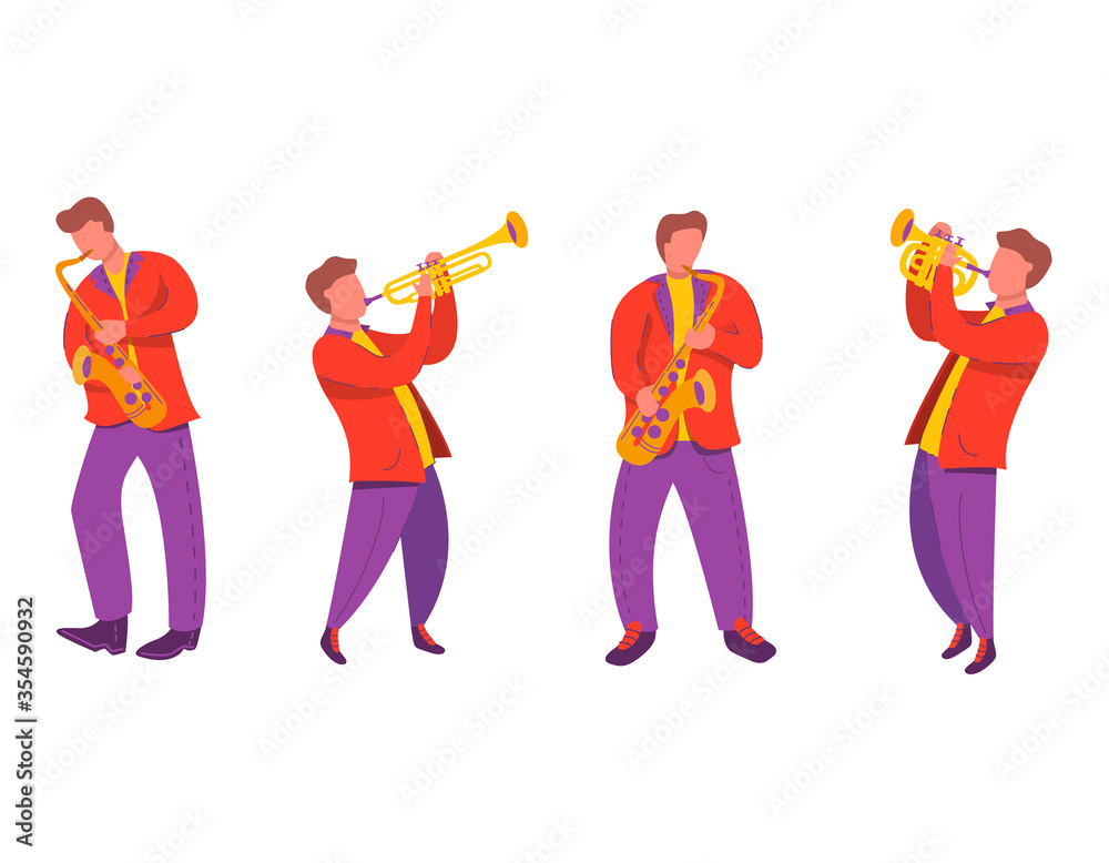 Jazz quartet musicians with saxophone, trumpet.Modern flat vector illustration notes. Jazz quartet musicians with saxophone, trumpet.Modern flat vector illustration notes.
