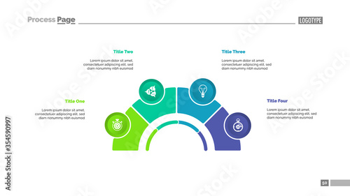 Process chart with four elements. Step diagram, pie chart, layout. Creative concept for infographics, presentation, project, report. Can be used for topics like management, strategy, planning.