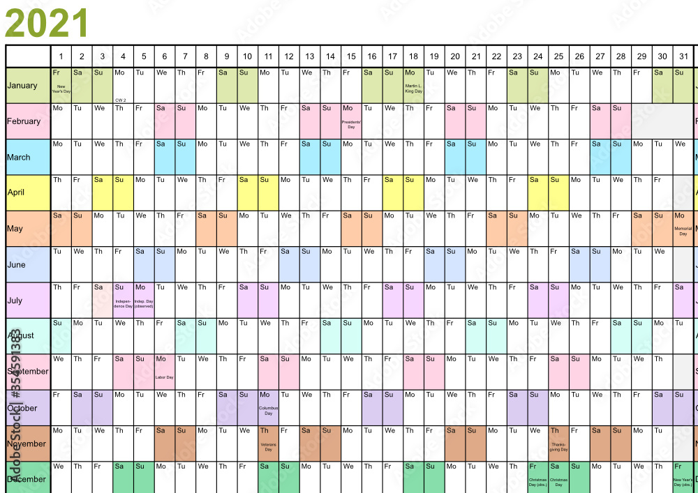 Fototapeta premium Jahresplaner 2021 linear mit gesetzlichen Feiertagen für die USA und Monate in unterschiedlichen bunten Farben 