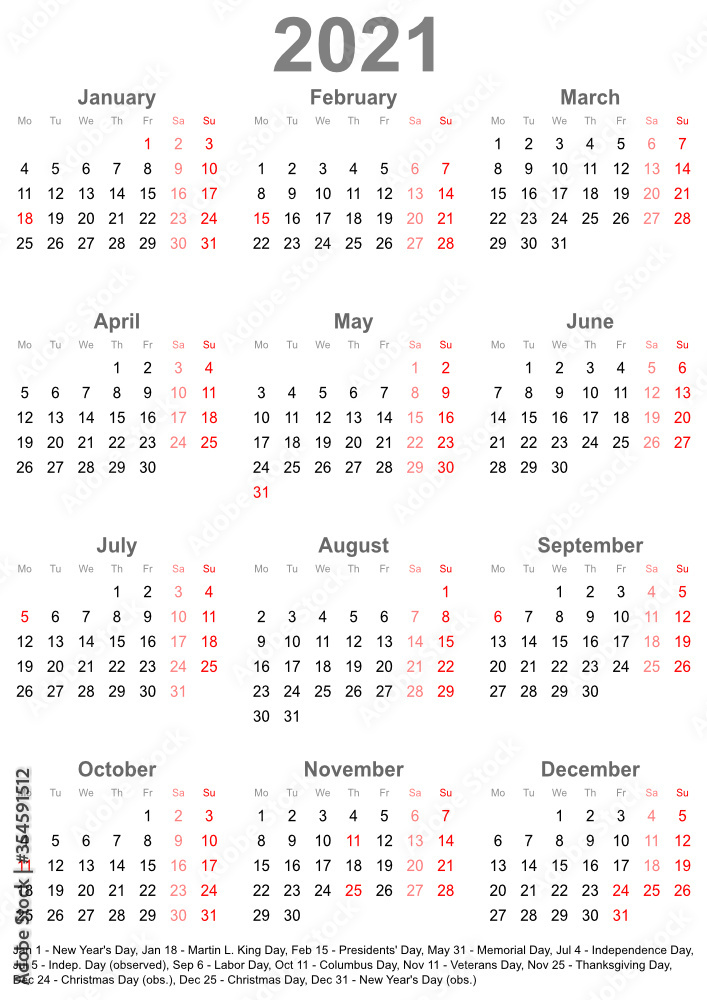 Календарь похожий на 2025 год Einfacher Kalender 2021 mit gesetzlichen Feiertagen für die USA Векторный объект