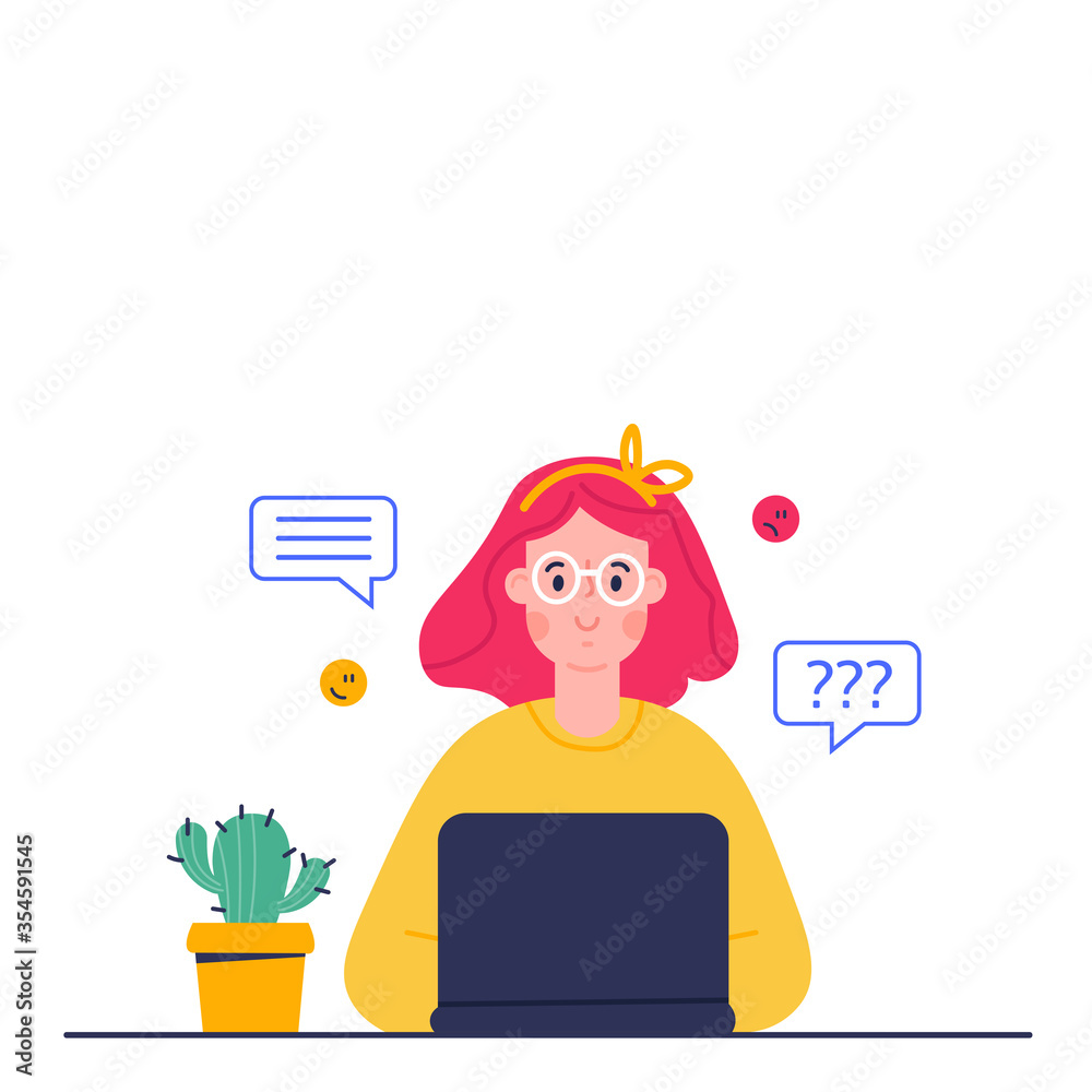 Distance study at school. Vector cartoon illustration of girl, studying by  online learning with laptop. Stock Vector | Adobe Stock