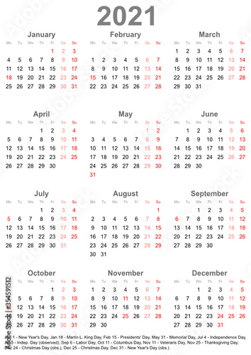 Einfacher Kalender 2021 mit gesetzlichen Feiertagen für die USA