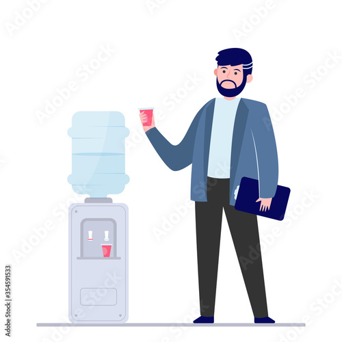 Man drinking water at cooler. Office employee, worker, work break flat vector illustration. Beverage, refreshment, watercooler concept for banner, website design or landing web page