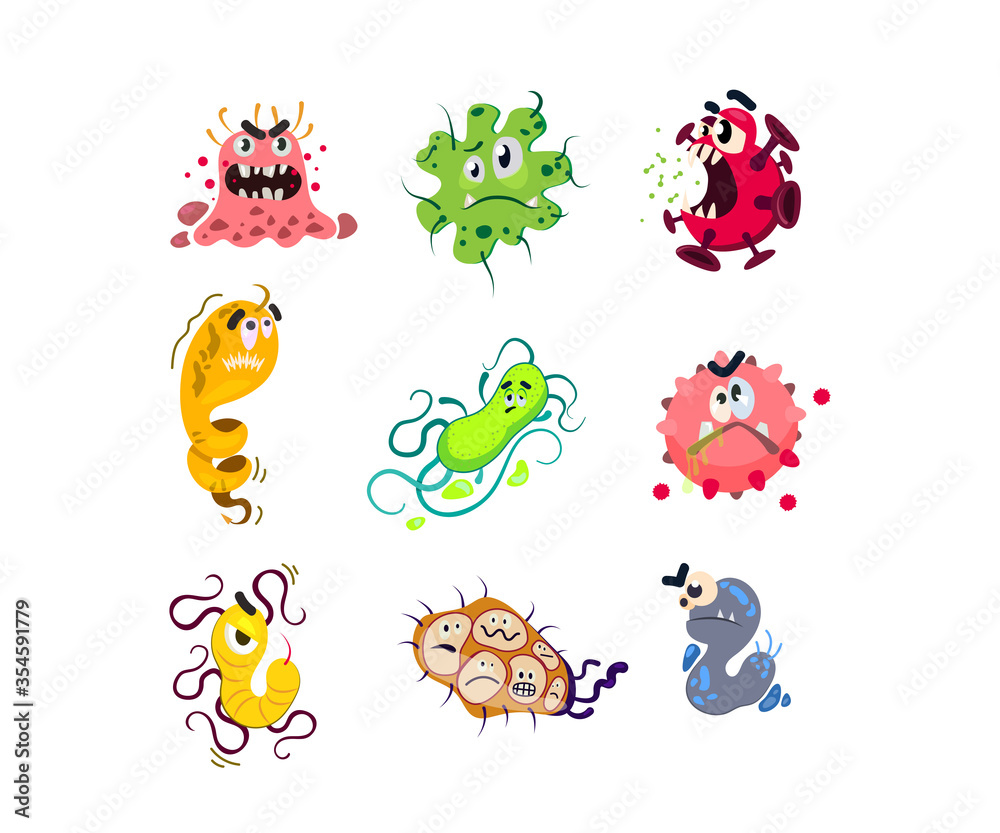 Fototapeta premium Funny cartoon germs set. Angry ugly bacteria and virus characters, funny microbes and bacillus. Vector illustration for medicine, organism, danger, epidemic concepts