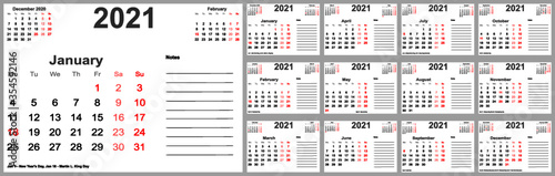 Kalender 2021 für die USA mit Feiertagen, Platz für Notizen und oben mit vorherigem und folgendem Monat. Set mit 12 einzelnen Monaten. Wochenstart Montag.