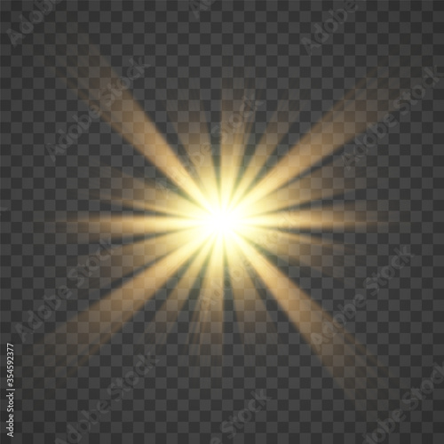 The yellow glowing light explodes with a blast with a transparent one. Vector illustration for perfect effect with sparkles. 