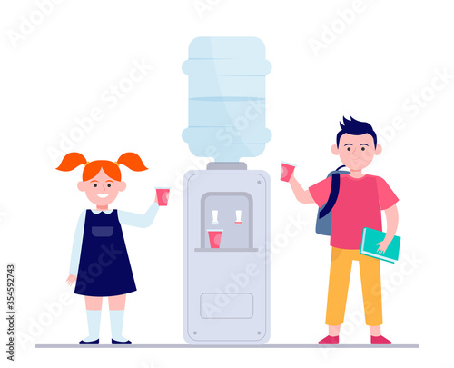 Happy children drinking water at cooler. Students, boy and girl, school hallway flat vector illustration. Beverage, refreshment, watercooler concept for banner, website design or landing web page