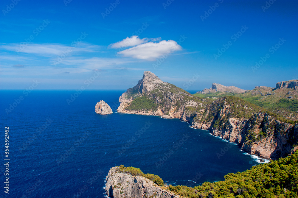 Cap de Formentor with high cliffs and deep blue ocean underneath at Mallorca, Spain