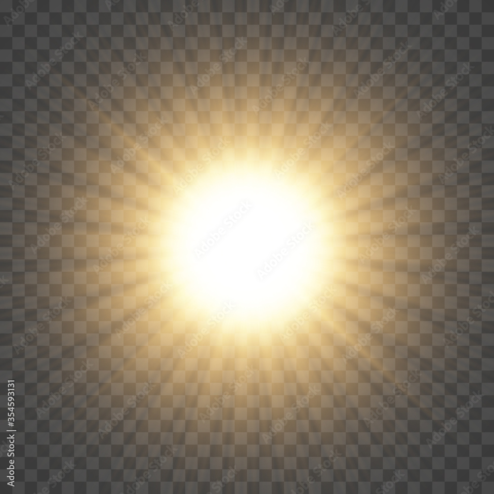 The yellow glowing light explodes with a blast with a transparent one. Vector illustration for perfect effect with sparkles. 