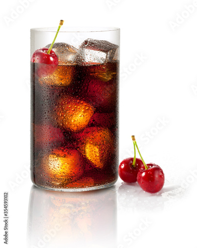 Coca-Cola con cereza y hielo sobe fondo blanco. Coca-Cola with cherry and ice on a white background. photo