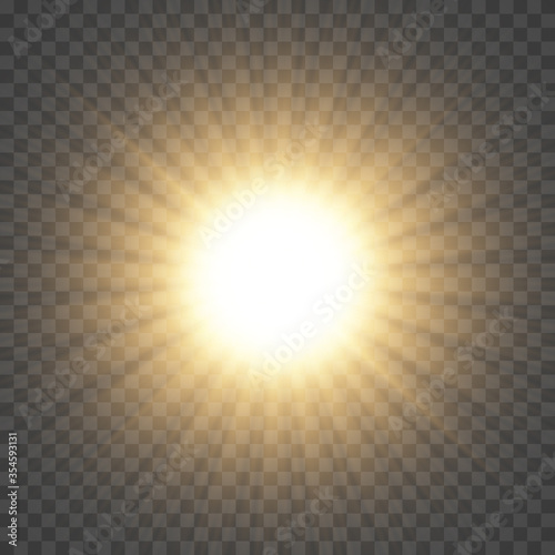 The yellow glowing light explodes with a blast with a transparent one. Vector illustration for perfect effect with sparkles. 
