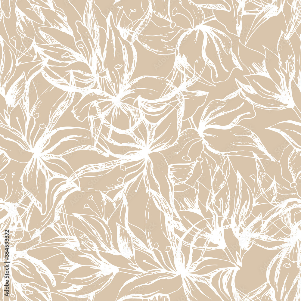 Seamless floral pattern in provence style. Contour white flowers on a beige background for fabric, home textiles and paper for decoration. Vintage texture Seamless floral pattern in provence style. Contour white flowers on a beige background for fabric, home textiles and paper for decoration. Vintage texture