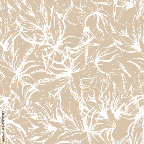 Seamless floral pattern in provence style. Contour white flowers on a beige background for fabric, home textiles and paper for decoration. Vintage texture