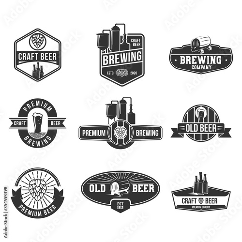 Retro beer flat badges set. Craft, brewing, premium, old beer logos and emblems for pub, isolated vector illustration collection. Oktoberfest and alcohol concept