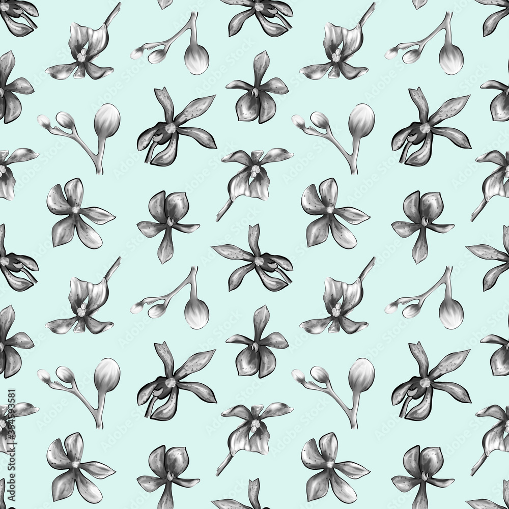 seamless Botanical pattern of an Orchid on a blue background. Beautiful Botanical illustration of orchids. seamless Botanical pattern of an Orchid on a blue background. Beautiful Botanical illustration of orchids.