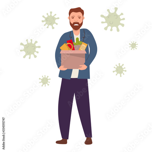 Dismissed sad man from job. Dismissal, layoff, severance guy due to coronavirus.Box of personal Items.Vector flat character.Office staff.