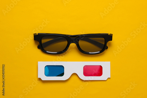 Stereo 3D glasses on yellow background. Top view
