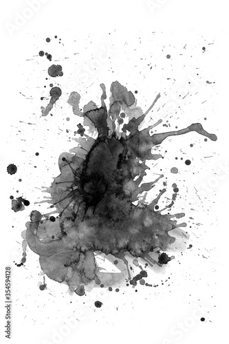 Black watercolor stains on a white background. Abstract painting, naive art. Splashes of ink.