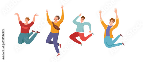 Happy young guys jumping in different poses vector illustration.