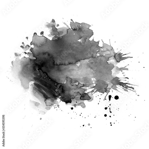 Black watercolor stains on a white background. Abstract painting, naive art. Splashes of ink.