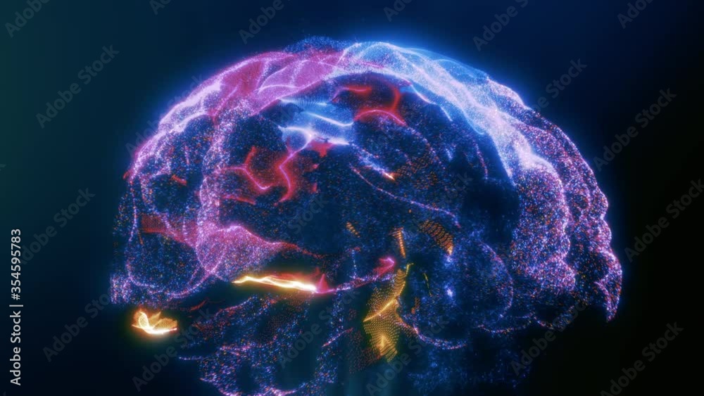 Flying inside Artificial Intelligence Digital Brain bid Data. Illustration of thinking process. Future technology animation, AI deep learning computer machine. 3d render