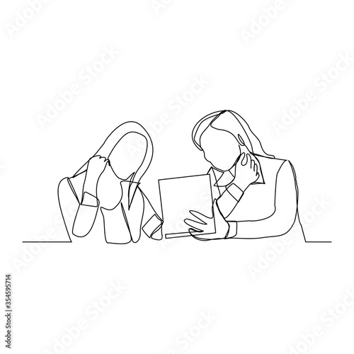continuous line drawing of two women coworker talking something on laptop and document paper. vector illustration