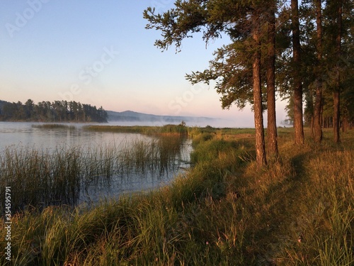 Fototapeta Naklejka Na Ścianę i Meble -  Fog at the lake shore at dawn
