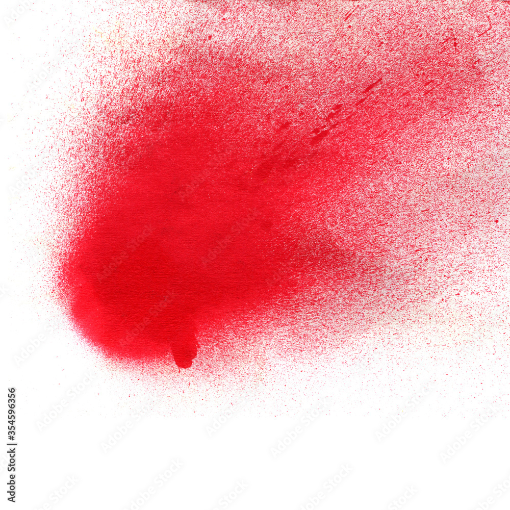 Red paint splashes on a white background. Acrylic paint from a barrel. Drops and ink drips