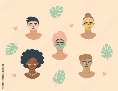 Skincare routine set. People apply skin care products: facial masks, eye patches. Women and men use organic natural homemade cosmetics. Beauty rituals, self care. Flat vector illustration