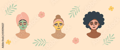 Skincare routine set. Collection of women applying facial masks. Women use organic natural homemade cosmetics. Morning beauty rituals, self care. Flat vector illustration