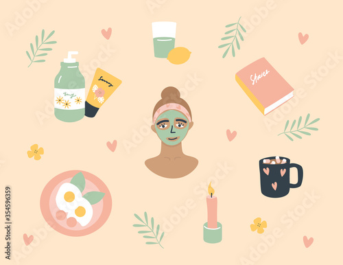 Self care concept set. Morning home routine of a woman: healthy food, reading, skincare. Morning beauty rituals collection. Girl relaxes at home. Flat vector illustration