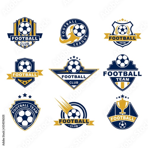 Football team or club flat labels set. Soccer ball badges, circle league logo, championship stickers and emblems vector illustration collection. Sport game and soccer league concept