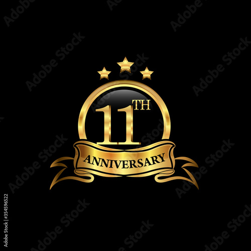 11 year anniversary celebration. Anniversary classic elegance golden color isolated on black background, vector design for celebration, invitation card, and greeting card